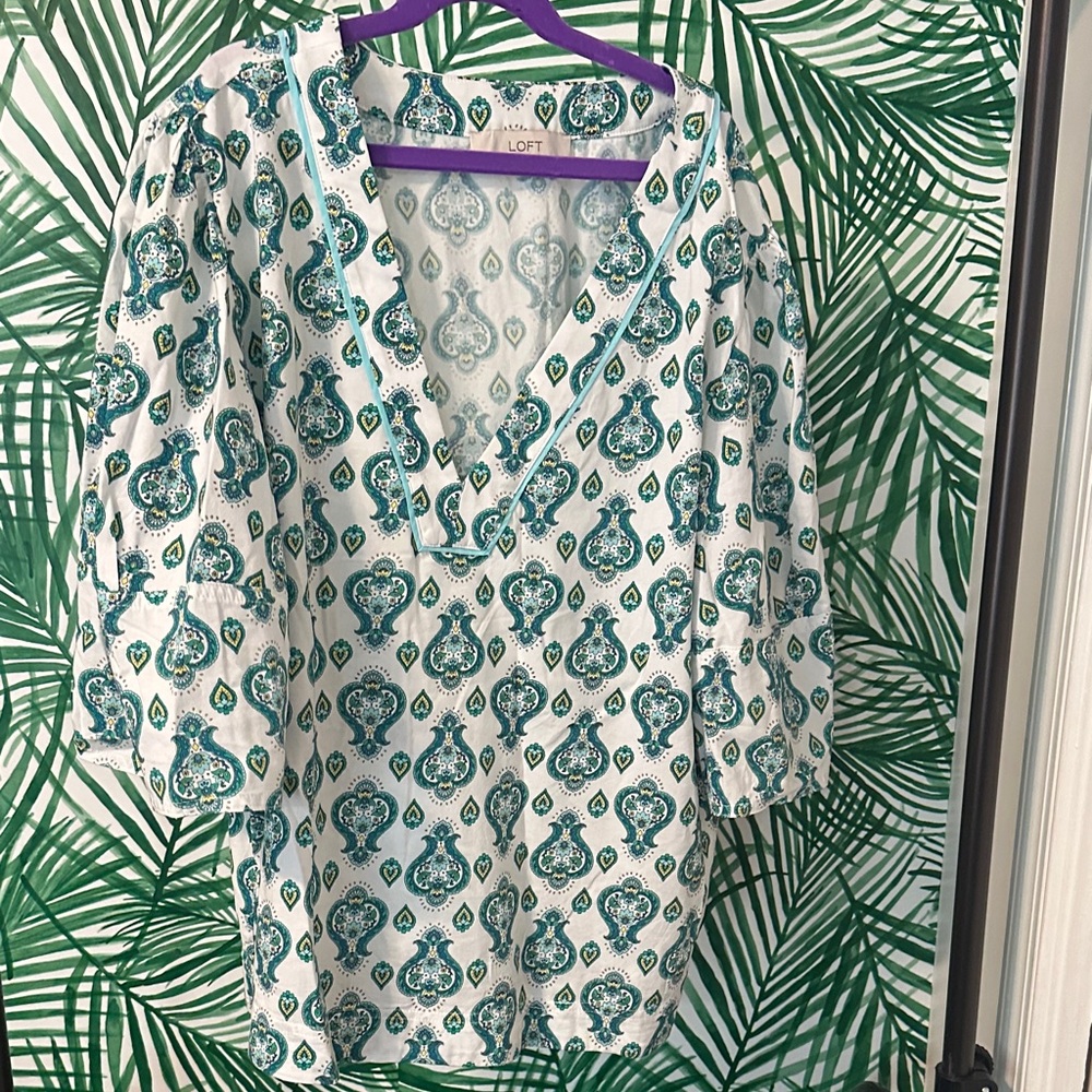 LOFT Teal and White Paisley Blouse
